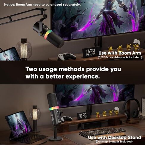 XLR/USB Dynamic Microphone with RGB Light, Headphone Jack, Mute Button, Volume Control, Desktop Stand, Metal Cardioid Mic for Podcasting, Live Streaming, Gaming, Recoding, Vocal Voice-Over in Kuwait