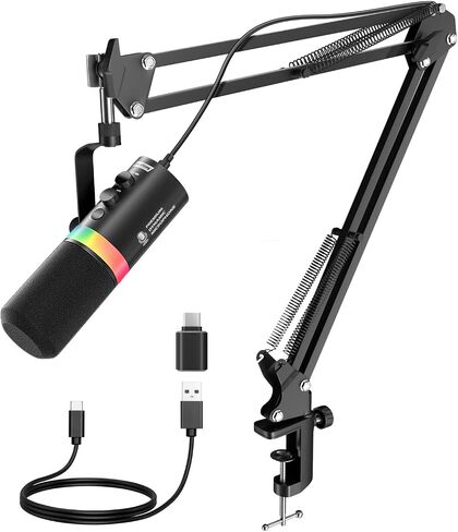XLR/USB Dynamic Microphone with RGB Light, Headphone Jack, Mute Button, Volume Control, Desktop Stand, Metal Cardioid Mic for Podcasting, Live Streaming, Gaming, Recoding, Vocal Voice-Over in Kuwait