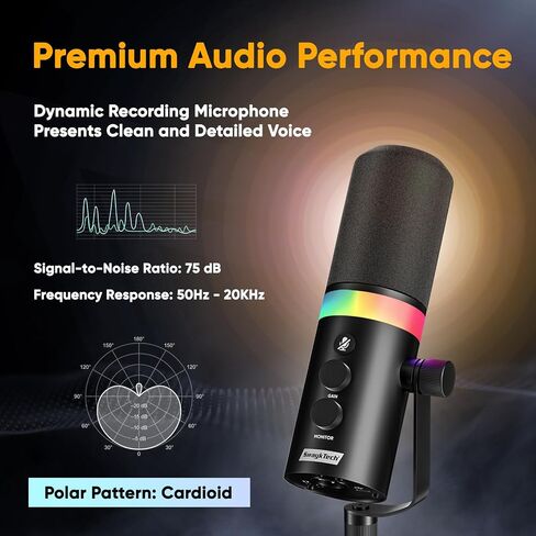 XLR/USB Dynamic Microphone with RGB Light, Headphone Jack, Mute Button, Volume Control, Desktop Stand, Metal Cardioid Mic for Podcasting, Live Streaming, Gaming, Recoding, Vocal Voice-Over in Kuwait