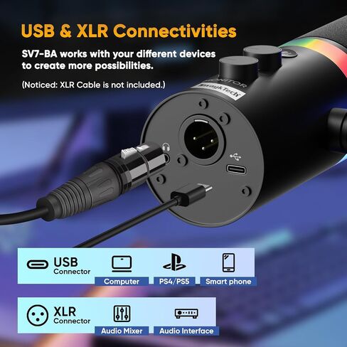 XLR/USB Dynamic Microphone with RGB Light, Headphone Jack, Mute Button, Volume Control, Desktop Stand, Metal Cardioid Mic for Podcasting, Live Streaming, Gaming, Recoding, Vocal Voice-Over in Kuwait