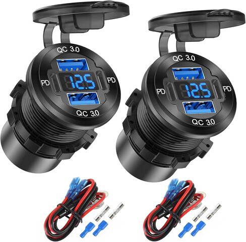 Upgraded 4 Port 12V USB Outlet Aluminum Charger, 78W Dual PD & QC Multiple USB Port for Car, USB C Cigarette Lighter Replacement 12 Volt Socket with Voltmeter Waterproof for Marine Boat Motorcycle RV in Saudi Arabia