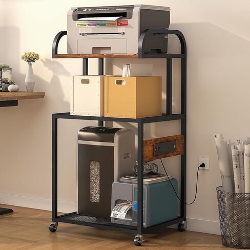 حامل طابعة WEENFON مع رف تخزين قابل للتعديل، طاولة طابعة 3 طبقات بعجلات، عربة دوارة مع منافذ طاقة ومنافذ USB، آلة التقطيع وحامل وحدة المعالجة المركزية للمكتب المنزلي، غرفة المعيشة، بني ريفي in Kuwait