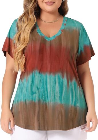 Agnes Orinda Women's Plus Size 2023 Tunics V Neck Short Sleeve Casual Tie Dye Summer Tops Tunic in Saudi Arabia