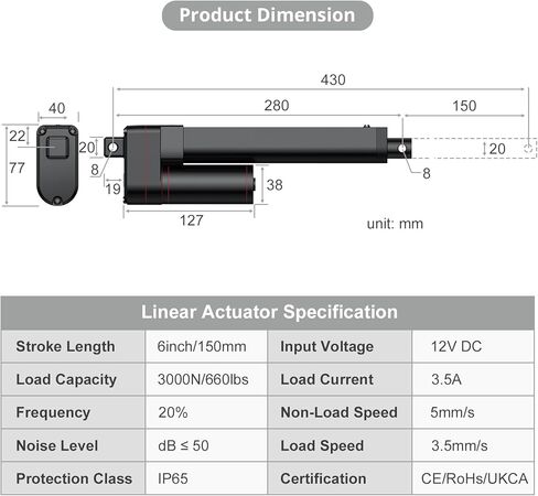 Justech 150mm 6 "محرك المحرك الخطي، الثقيلة 3000N 660lbs المحرك الخطي للسيارات السيارات RV فتحت باب كهربائي المركبات السفن البضائع التلفزيون رفع الجداول التدليك أسرة كهربائية الكراسي الطبية in Kuwait
