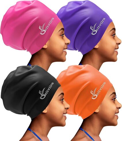 4 Pack Kids Extra Large Swim Cap for Long Thick Curly Hair, Waterproof Silicone Swimming Hat Hair Turban Protection Cover for Girls Aged 4 to 16 Boys Braids Dreadlocks Weaves Extensions Afros in Saudi Arabia