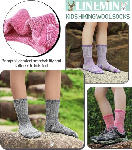 LINEMIN Kids Merino Wool Hiking Socks Boys Girls Winter Warm Thick Thermal Boot Thick Cushion Snowboarding Socks 3 Pairs in Saudi Arabia
