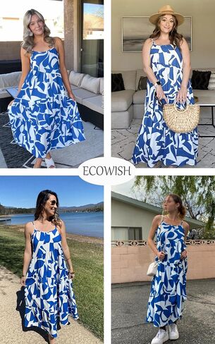 ECOWISH Women Sleeveless Maxi Dress: Summer Spaghetti Strap Casual Loose Boho Beach Dress Asymmetric Tiered Flowy Long Dress in Saudi Arabia