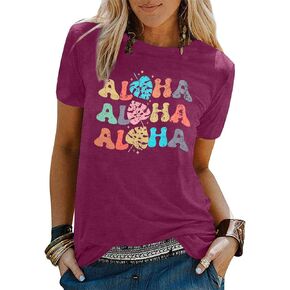Hawaiian Shirts Women Aloha Graphic Beach T-Shirt Funny Floral Leaves Print Short Sleeve Party Vacation Shirt