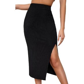 GORGLITTER Women's Slit Ribbed Knit Bodycon Midi Skirt High Waisted Stretch Pencil Skirts