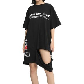 ellazhu Women Black T-Shirt Tshirt Punk Print Hole Mini Fall Dress Tops Tee GY1781 A