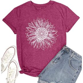 Women's Sunflower T Shirts Short Sleeve Cute Graphic Summer Loose Tees Crewneck Casual Tops