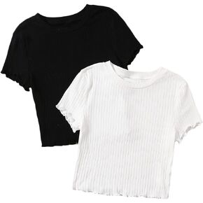 Floerns Women's 2 Pack Basic Short Sleeve Lettuce Trim Crop Tee Shirt Top