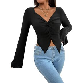 Avanova Women V Neck Bell Long Sleeve Crop Top Twist Knot Asymmetrical Ruched Shirt in Saudi Arabia