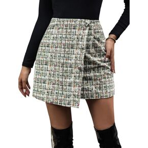 WDIRARA Women's High Waist Tweed Plaid Wrap Hem Asymmetric Button Elegant Bodycon Mini Short Skirt