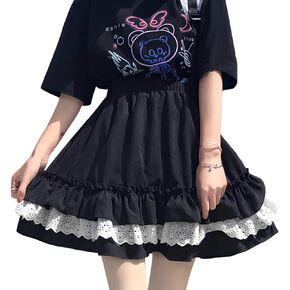 RILGOU Harajuku Lolita Goth Fashion Kawaii Clothes Elastic Waist Vintage Lace Trim Layered Short Skirt for Women