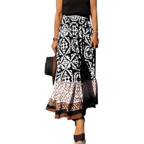 Women's Printed Pleated Hem Long Skirt Elastic High Waist Flowy Swing A Line Long Skirt