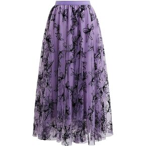 CHICWISH Women's Lilac/Orange/Green Tulle Tutu Skirt Velvet Magnolia Elastic Waist Double-Layered Mesh Maxi Skirt
