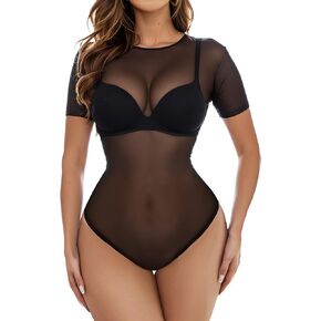 Buauty Womens Mesh Bodysuit Short Sleeve, Black Sheer Bodysuit, See Through Long Sleeve Body Tops Fishnet Lace T Shirt