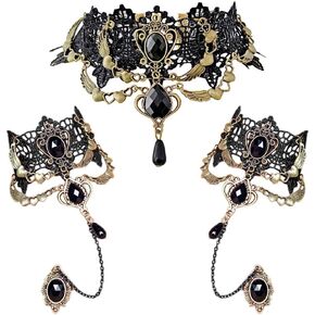Gothic Black Lace Bracelet with Finger Ring Steampunk Vampire Wristband Ring with Bracelet Set Victorian Costume Party Vintage Wedding Prom Festival Hand Chain Jewelry for Women Girl - K008