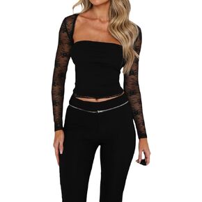 Women Lace Long Sleeve Top Y2k Square Neck T-Shirt Lace Trim Crop Top with Shrug Going Out Aesthetic Clothes