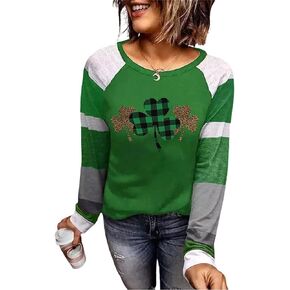 St. Patrick's Day Tshirt Women Distressed Clover Print Irish Shirt Splicing Long Sleeve Raglan Tees Baseball Tops