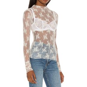 Women Mesh Long Sleeve Lace Top Mock Neck Floral See Through Slim Fit Layering Top Y2k Going Out Streetwear