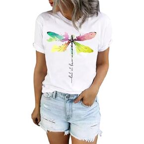Abstract Dragonfly Shirt Cute Let It Be Letter Print T-Shirt Funny Colorful Dragonfly Graphic Summer Casual Tee Tops
