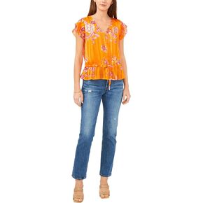 Vince Camuto Short Sleeve Rio Gardens Button-Down Peplum Blouse Sunset Orange XS