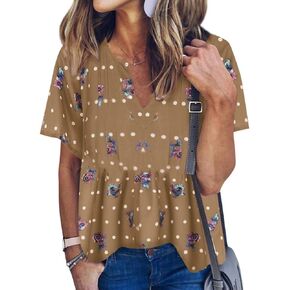 WLLW Women Bohemian Short Sleeve V Neck Floral Print T Shirt Babydoll Shirt Blouse Tunic Top