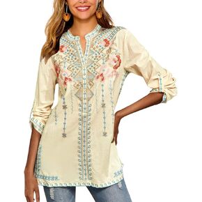 LauraKlein Mexican Shirts for Women Summer Casual Embroidered Tops Ladies Button Down Tops Peasant Tunic Loose Blouse in Kuwait