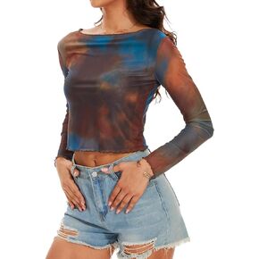 Women's Mesh Long Sleeve Top Y2K Crop Tops Sexy Sheer Going Out Tops Clubwear T Shirts Fringe top