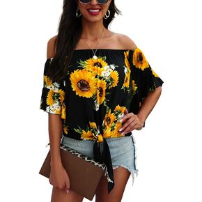 Hibluco Womens Off Shoulder Tops Sexy Floral Print Crop Tops Summer Blouses T-Shirt
