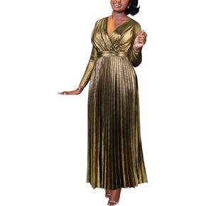AOMEI Women's Luxury Metallic V Neck Long Sleeve Elegant Pleated Maxi Dress