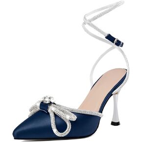 AUMOTED Women Stiletto High Heels Rhinestone Bow Heels Sparkly Wedding Closed Pointed Toe Sexy Satin Crystal Ankle Strap Pumps Bridal Dress Heeled Sandals 3.4 Inch