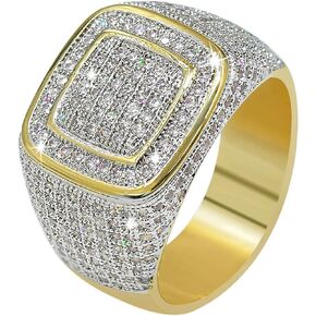 JINAO Men Ring 14K Gold Cluster Iced Out Lab Simulated Diamond Band Micropave Bling Ring for Women