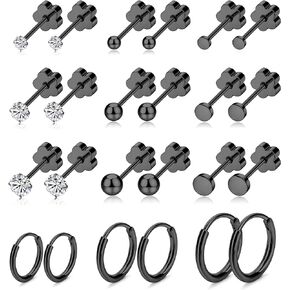 MJust Hypoallergenic Surgical Steel Earrings for Women Men Small Flat Back Earrings CZ Dot Ball 20G Simple Stud Hoop Earrings Stainless Steel Cartilage Earring Set