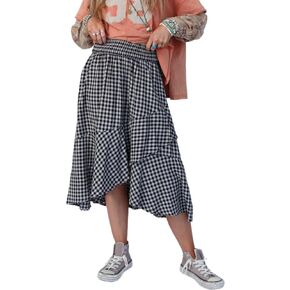 Women Skirts Plaid Ruffled Maxi Skirt A-Line Pleated Midi Skirt Holiday High Waist Long Skirt