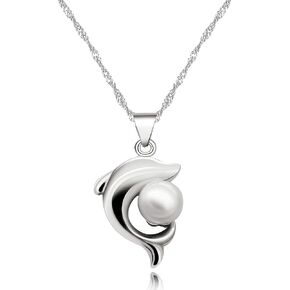 Uloveido Girls Cute White Dolphin Pendant Necklace for Women Silver Color Created Pearl Necklace for Mom Girlfriend Mother Day Birthday Jewelry Gift N1076