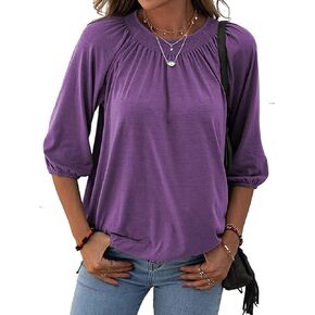 3/4 Sleeve Shirts for Women Loose Fit Pleated Crew Neck Trendy Tops Cute Casual Work Shirts