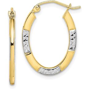 Solid 10k Yellow Gold Two Toned Diamond-Cut Oval Hoop Earrings - 23mm x 18mm