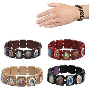 SyangKaitian 4pcs Wooden Jesus Bracelet Saints Rosary Religious Bangles Elastic Stretch Bangle, Bracelet Elastic Stretch Bangle with Pictures of Religious Saints Catholic Holy Gods