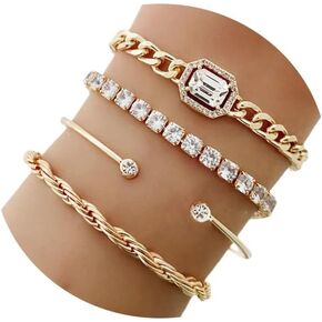 4Pcs Gold Bracelets Bangles Set for Women,Punk Layered Stackable Gold Bracelets Open Cuff Wrap Bangle Chain Anklets for Girls Trendy Jewelry