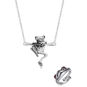 Silver Tree Frog Ring Hanging Frog Necklaces Set Cute Frog Retro Animals Pendant Funny Vintage Insect for Women Girls Fashion Party Classic Jewelry Gifts