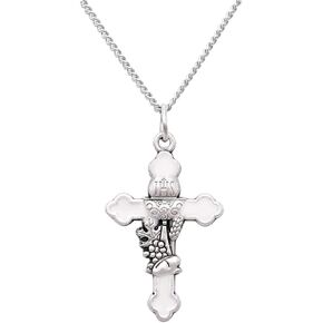 Rosemarie & Jubalee Religious First Communion Gift White Enamel Cross With Eucharistic Symbols Necklace Pendant On Rhodium Plated Curb Chain, 18"