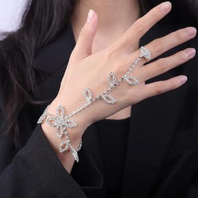 YERTTER Silver Flower Rhinestone Bracelet Finger Ring Link Bracelet Slave Link Bracelet Wedding Bridals Hand Chain