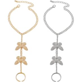 2Pcs Gold Silver Hand Chain Set Ring Bracelets for Women,Snake Butterfly Finger Ring Bracelets dainty Hand Jewelry for Women Gifts