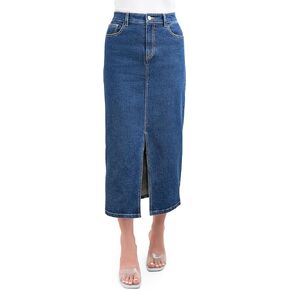 Stretch Jean Skirt for Women; High Waisted Blue Jean Midi Skirt with Pockets; Casual Pencil Skirt for Women and Girls