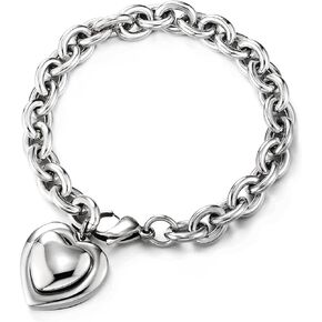 COOLSTEELANDBEYOND Womens Stainless Steel Oval Rolo Link Chain Bracelet with Dangling Puff Heart, High Polished