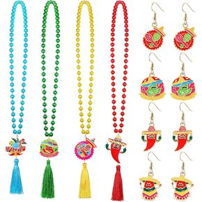 Cinco De Mayo Necklace for Women Beaded Necklace Enamel Sombrero Pinata Chili Pepper Pendant Necklace Fiesta Mexican Holiday Jewelry Gifts