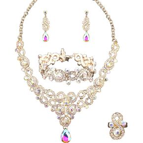Wedding Bridal Prom Austrian Crystal Rhinestone Statement Necklace Earrings Bracelet Ring Wedding Party Costume Jewelry Sets for Brides Women